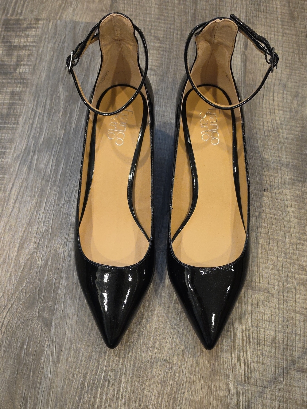 Franco Sarto Black Patent Pointed-Toe Ankle-Strap Kitten Heels